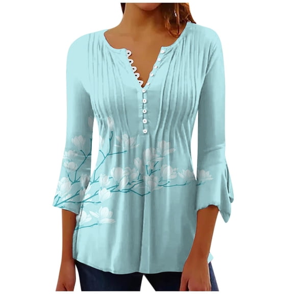 DDAPJ pyju Women Tunic Tops for Leggings 3/4 Sleeve,Womens Summer Tops Button Up Pleated T Shirts Boho Floral 3/4 Sleeve Henley V-Neck Tee Loose Fit Blouses