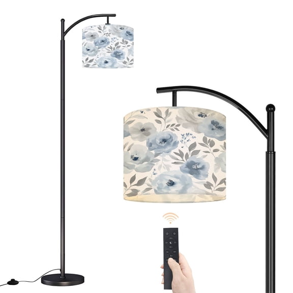Arc Floor Lamp with Adjustable Lampshade Blue Gray Floral Watercolor Peonies Leaves Standing Lamp 3 Color Temperatures Dimmable Tall Pole Lamp with Foot Switch for Bedroom