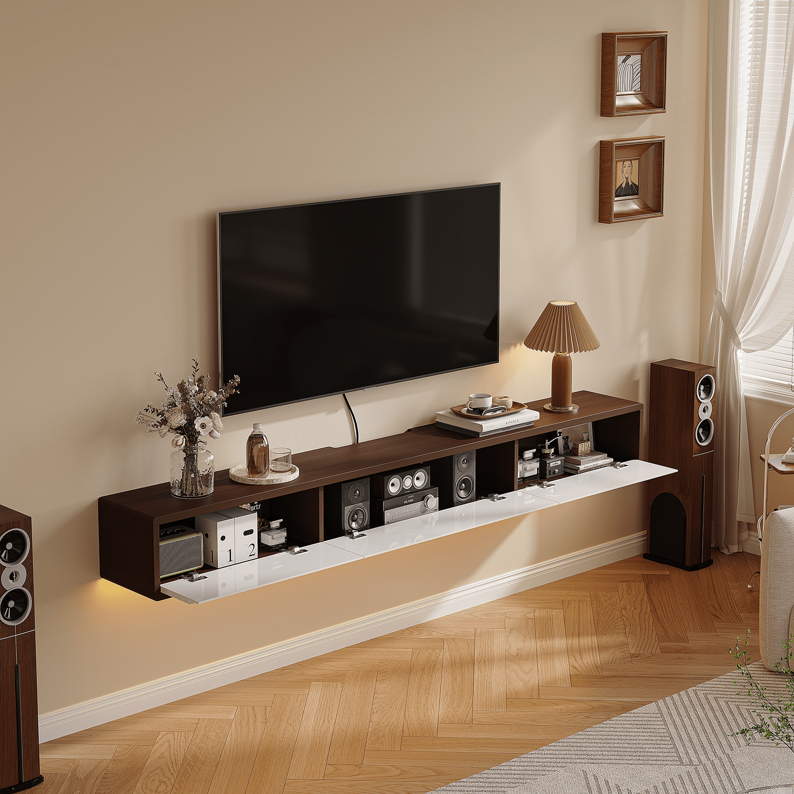 FloatiCasa 86" Floating TV Stand Wall Mounted Floating TV Shelf for TVs up to 90" Floating TV Console with 4 High Gloss Doors