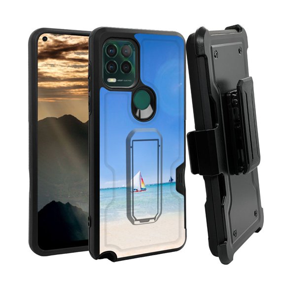 ANJ  Rugged Shockproof Holster Case w/Card Slot, Kickstand   Tempered Glass for Motorola Moto G Stylus 5G - Ocean Sailing