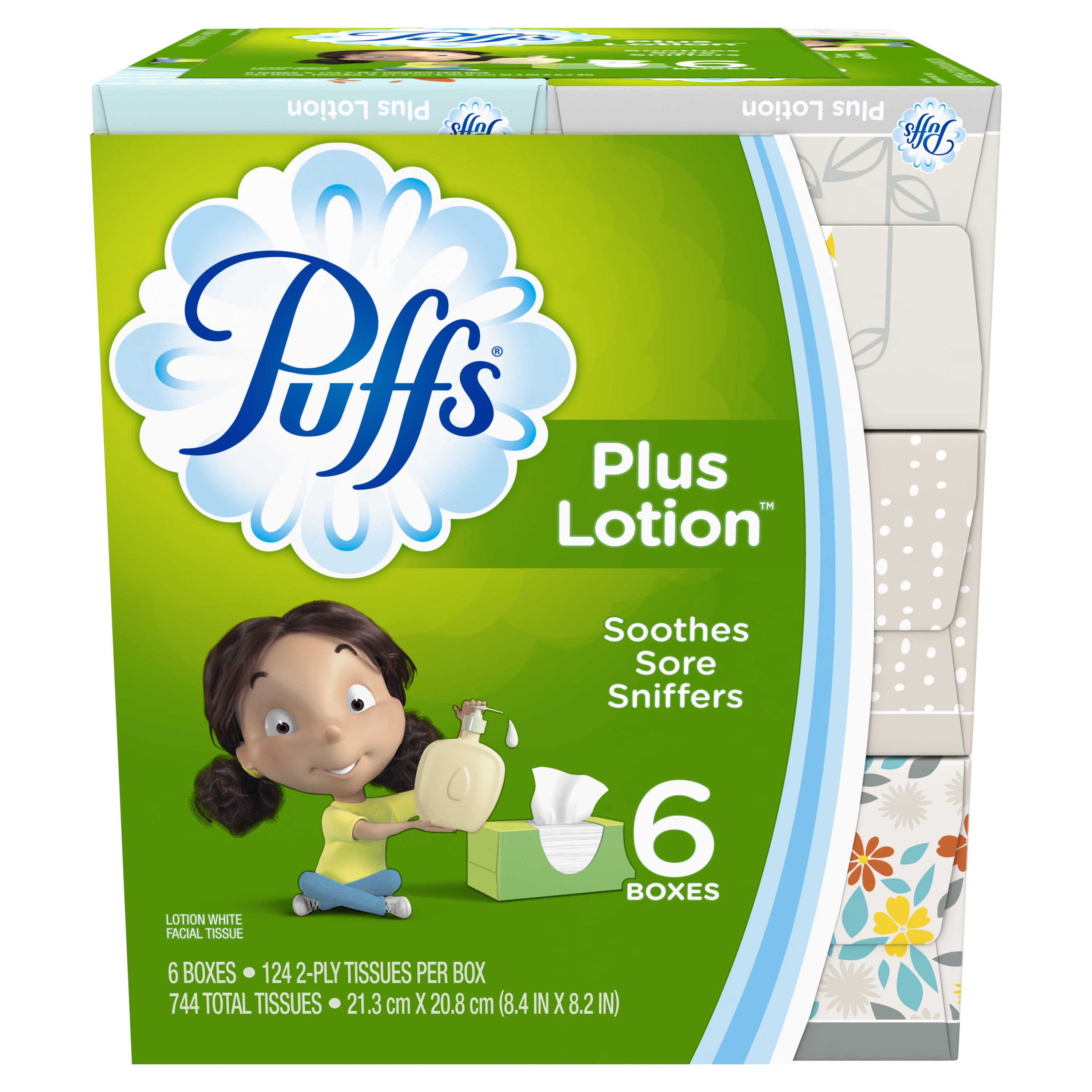 Puffs Plus Lotion Facial Tissues, 6 Family Boxes, 124 Tissues per Box