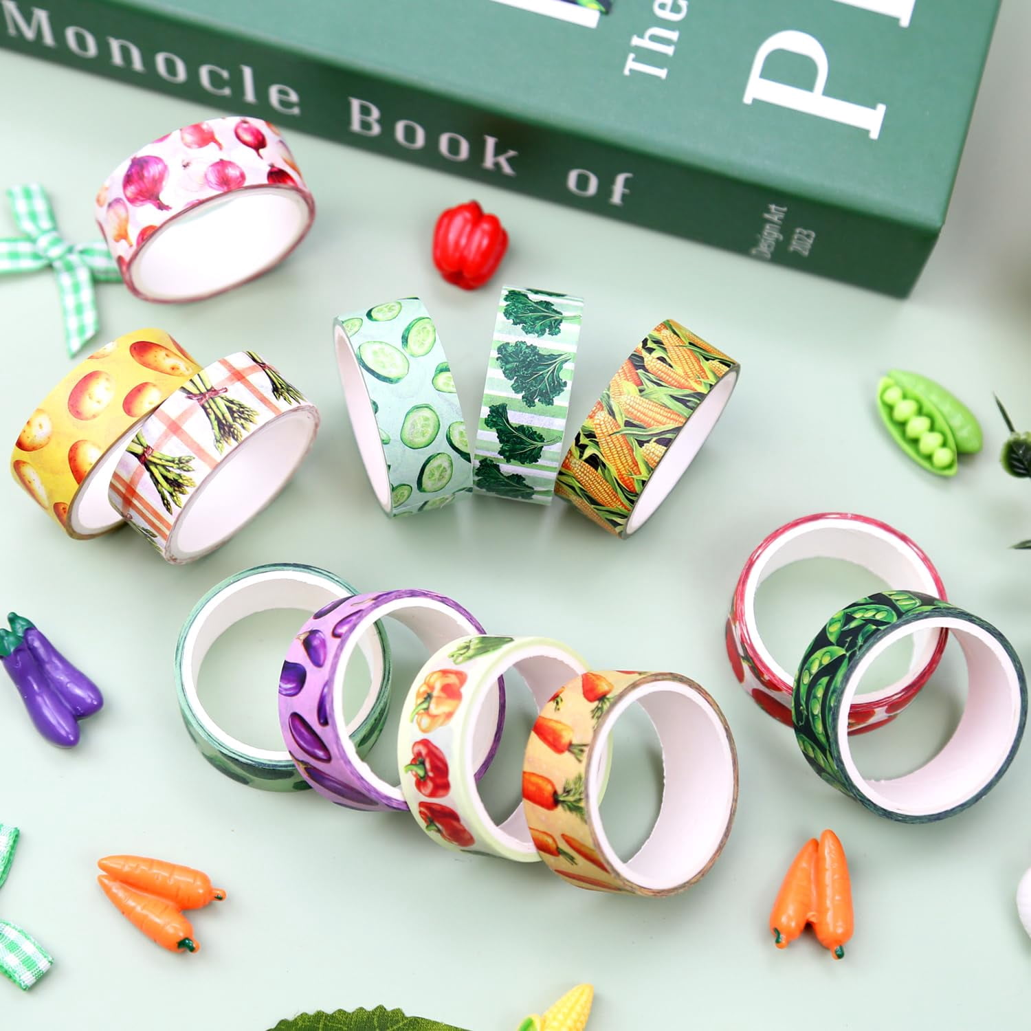 Vegetable Washi Tape Set of 12 Rolls, Cute Garden Pattern Decorative Tape, Tomato Carrot Corn Masking Tape for Journaling Supplies, Kitchen Planner, Garden Scrapbooking, Recipe Journal