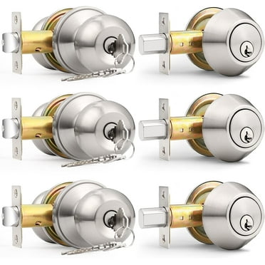3 Pack Exterior Door Lock Set with Deadbolt Brushed Nickel, Door Knob with Single Cylinder Deadbolt, Keyed Alike Entry Door Locksets with Deadbolt, Round Entry Door Handle Set