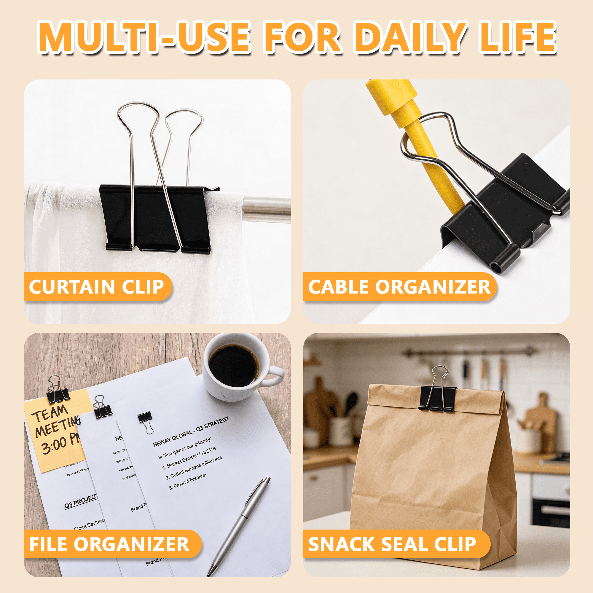 GARITIN Binder Clips 200 Count Assorted Sizes, Black Metal Mini, Small & Medium-Large Paper Clamps, 9/16 in, 3/4 in, 1-1/4 in for Office & School Document Organizing