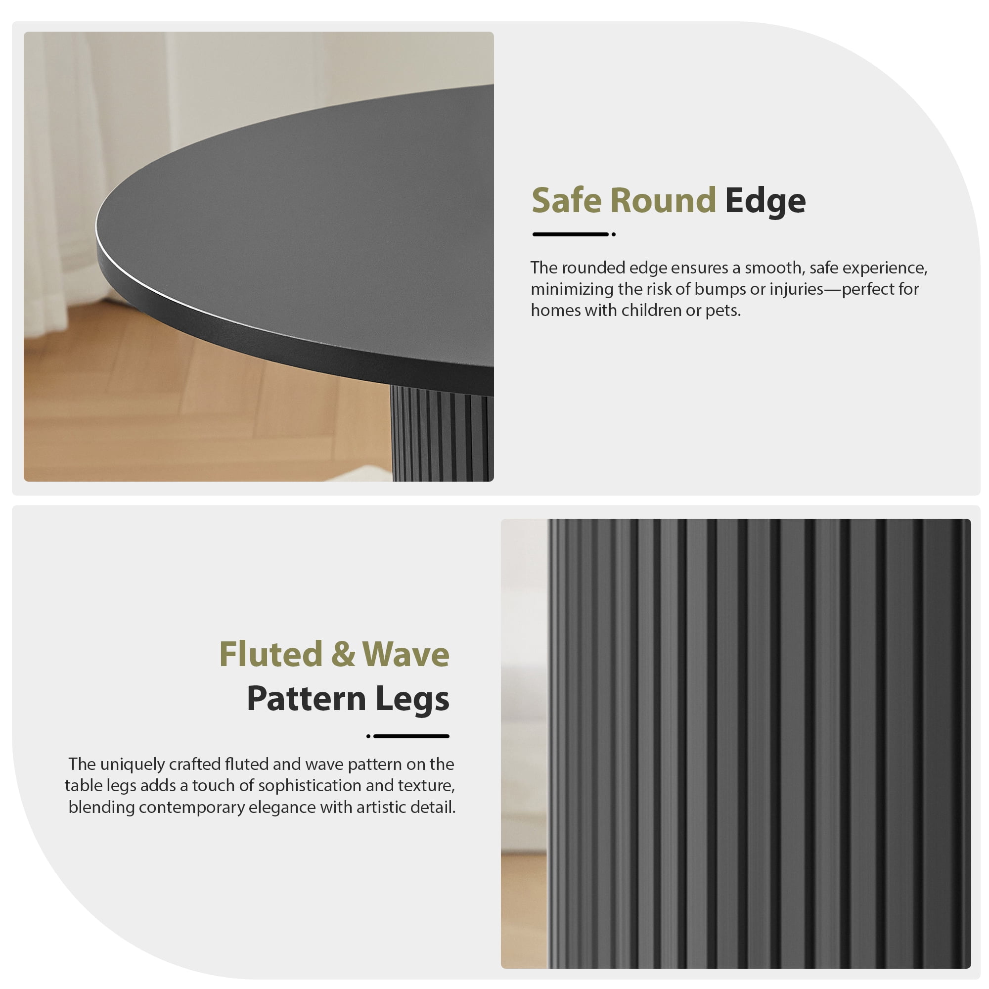 PHOYAL Fluted Small Round Dining Table for 2 with Sliding Door, 31.5 Inch Circle Dining Table with Storage for Kitchen Small Space Apartment, Black