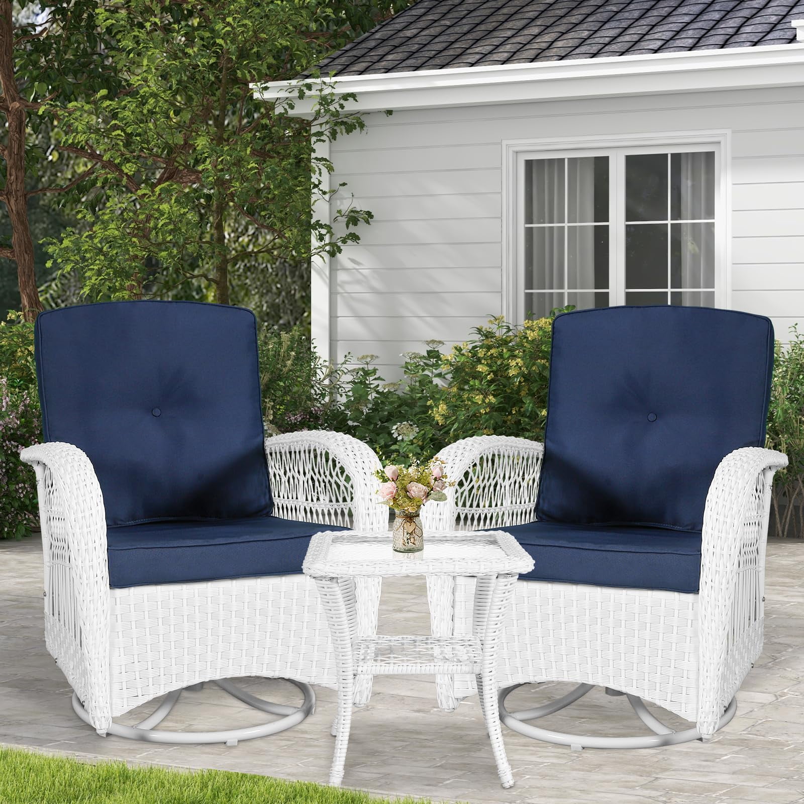 VIVIJASON 3-Piece Outdoor Conversation Bistro Set, Patio Swivel Glider Rocking Chairs Rattan Furniture Sets w/ 2 White Rattan Chairs, Glass Top Side Table for Porch Backyard, Navy Blue Cushions