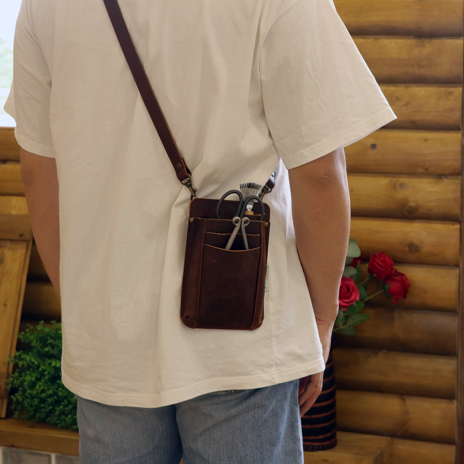 TOURBON Leather Garden Tool Belt Pouch Tool Waist Bag Cell Phone Pocket with Shoulder Strap Brown