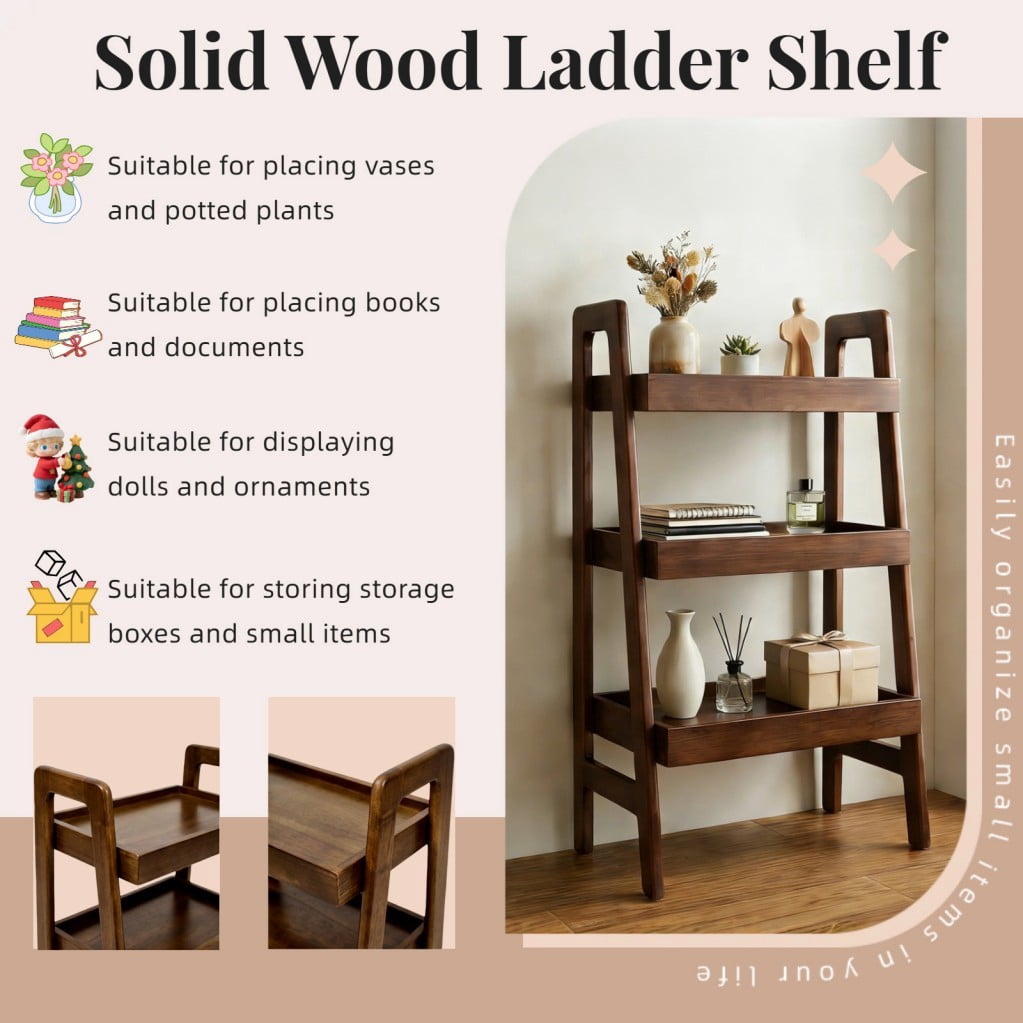 3-Tier Solid Wood Ladder Shelf, 100% Wood Bookshelf with Open Storage & Protective Edges, Freestanding Space-Saving Display Rack, Walnut