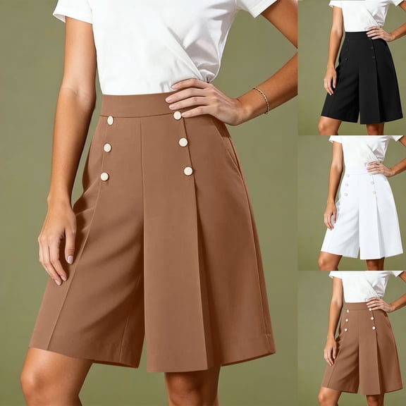 FRSASU Wide Leg Shorts for Women Button Up Elastic Back Casual Pleated Knee Length Pull On Bermuda Shorts with Pockets White