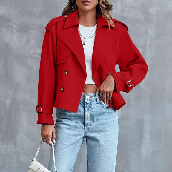 Women's Crop Double Breasted Trench Coat with Raglan Sleeve and Pockets for Office and Outings