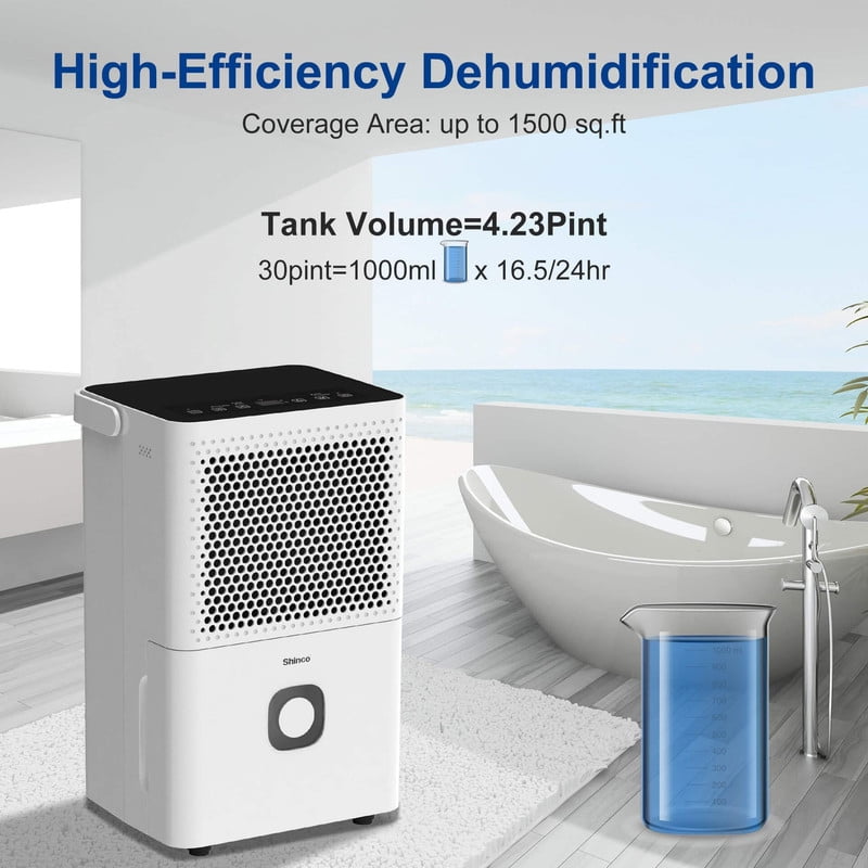 30 pt. 1,500 sq.ft. Portable Dehumidifier in White with Auto Defrost, Activated Carbon Filter, Timer, Automatic Shutoff