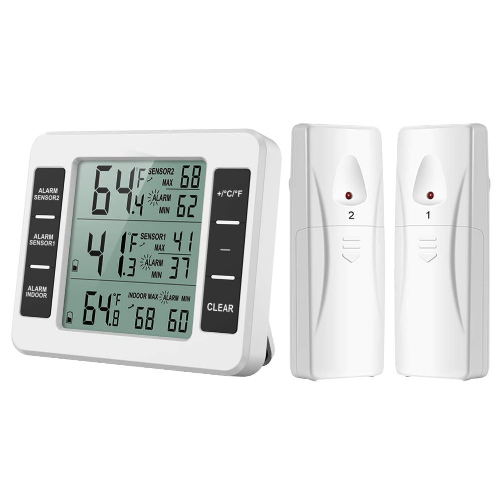 Upgraded Version Refrigerator Thermometer Wireless Digital Freezer Thermometer Digital Sensor with 2PCS Sensors Temperature Monitor and Audible Alarm for Indoor / Outdoor (Battery Not Included)