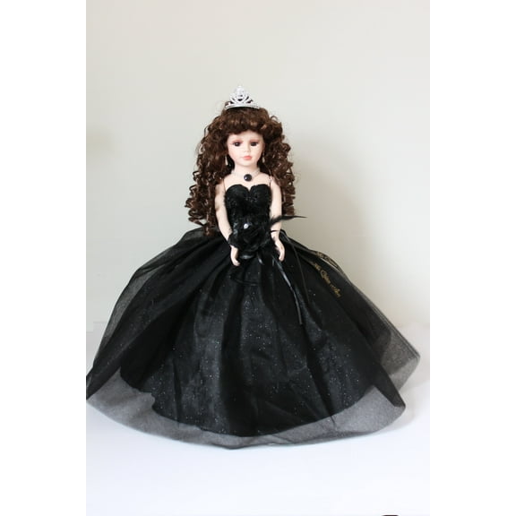 Porcelain Quinceañera Umbrella Doll in Black Gown (Quince Años) Centerpiece & Decoration