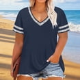thumbnail image 4 of ClodeEU Women’s Plus Size V Neck Short Sleeve T-Shirt with Striped Trim, Casual Solid Color Top Navy,Women's Plus XXXXL, 4 of 6