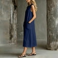 thumbnail image 6 of Cotton Midi Dresses for Women Sleeveless Collared V Neck Dress Button Up Colorblock Summer Vacation Sundress with Pockets Navy,L, 6 of 7