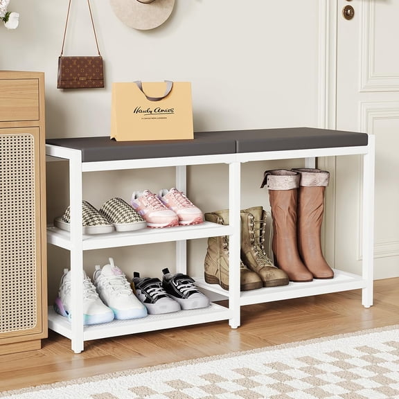 Shoe Bench & Rack Storage Bench with Seat Cushion, Stable Entryway Bench Holds Up to 300 lb, (35" L x 12" W x 17" H, White)