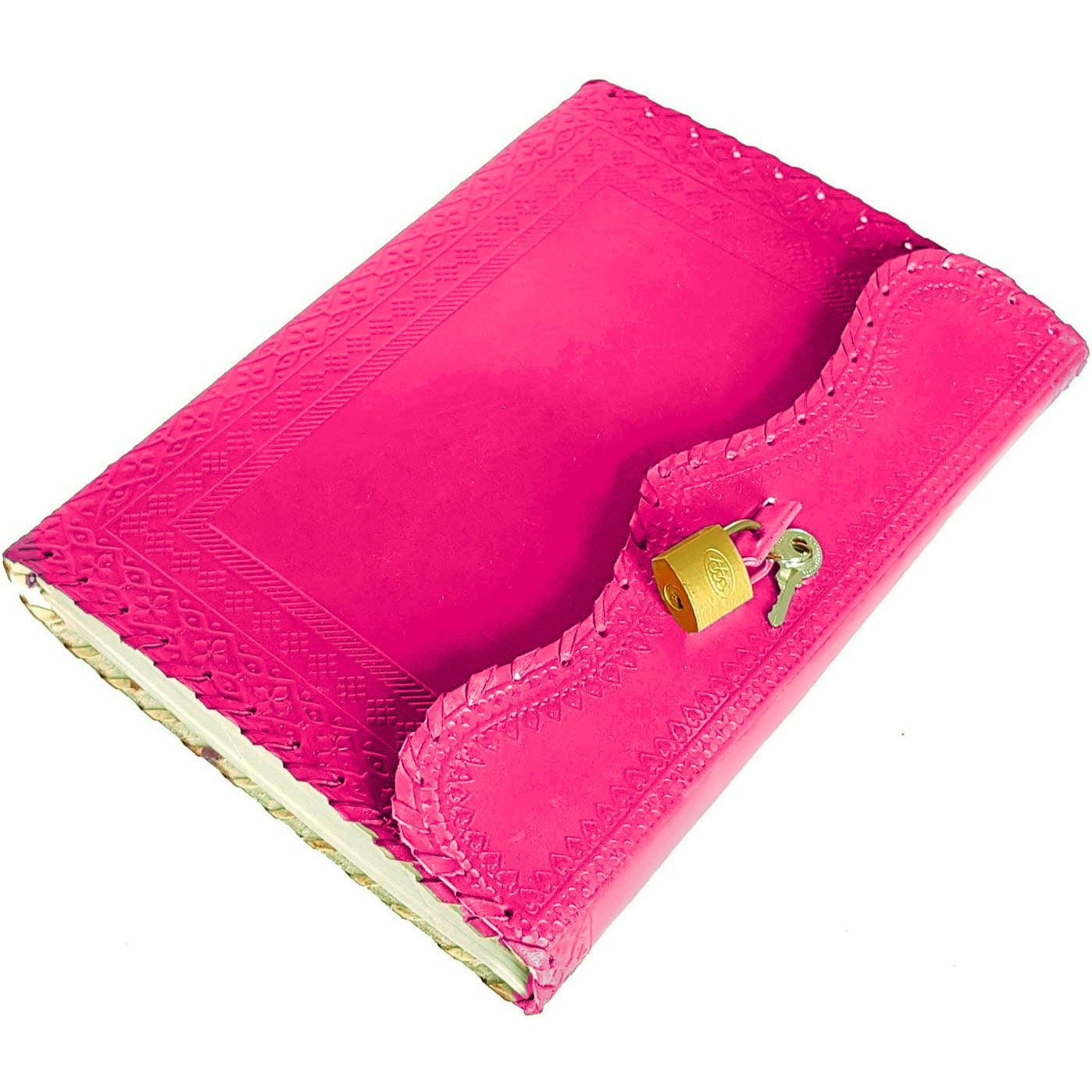 Jaald 10" Leather Journal Blank Notebook Handmade Travel Diary with Lock Writing Bullet Journal Christmas Gift Pink Sketchbook for Artists