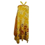 Mogul Ladies Wrap Around Skirt Yellow Reversible Silk Sari 2 Layer Beach Cover Up Dress