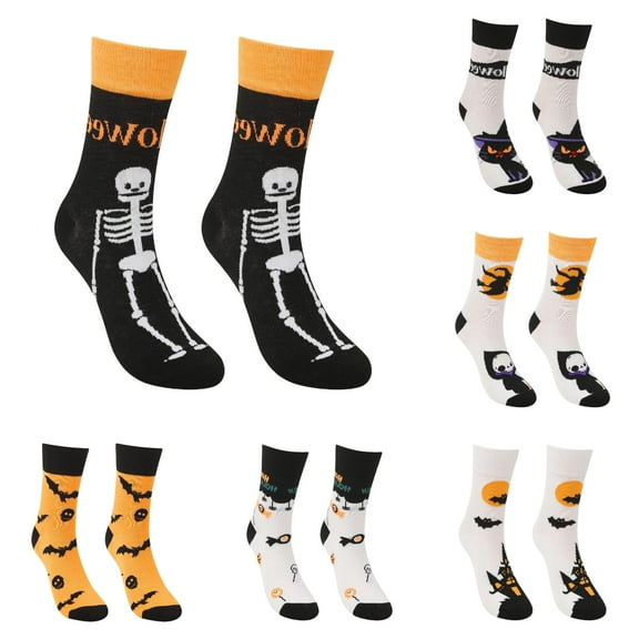 YAYUBA 6 Packs Halloween Socks,Halloween Pumpkin Witch Novelty Crew Socks Mid Calf Length Casual Costume Party Dress Up For