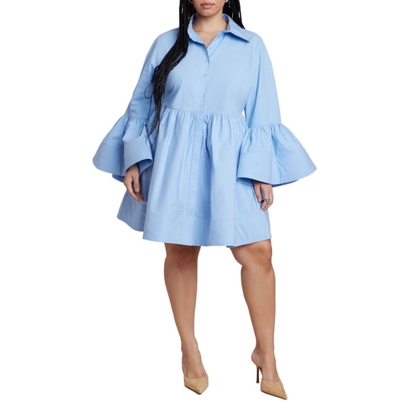 ELOQUII Women's Plus Size Poplin Ruffle Flare Mini Dress