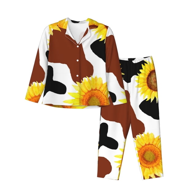 Fotbe Sunflower Cow Conjunto de Pijama de Manga Larga para Mujer con Estampado, Ropa de Dormir de 2 Piezas, Conjunto de Casa Suave y Cómodo con Bolsillos-Large