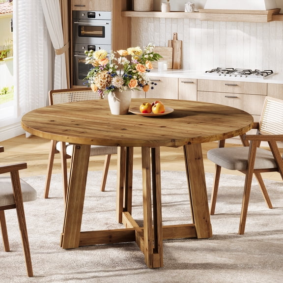 Finmind 47" Solid Wood Dining Table for 4-6, Round Kitchen Table with Wood Legs, Farmhouse Kitchen & Dining Room Furniture, Brown