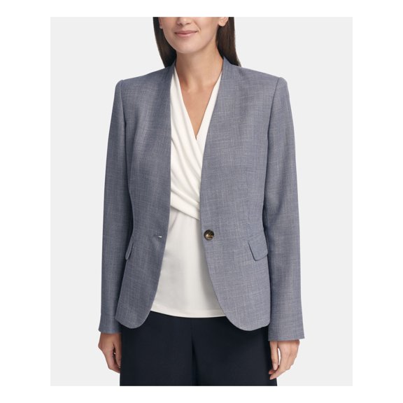 DKNY Women's Chambray Look Collarless Blazer Color Blue Size 14