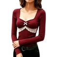 thumbnail image 7 of MYAOYI Womens Coquette Style Lace Trim Top Sweetheart Neck Long Sleeve, 7 of 7