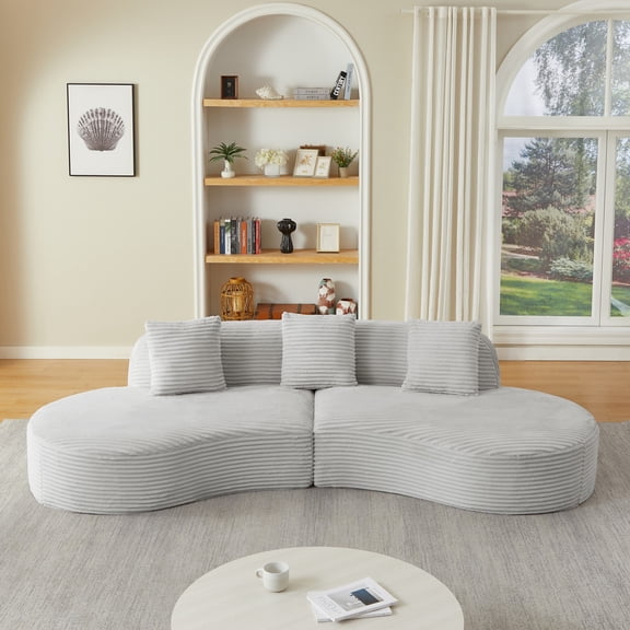 Contemporary Corduroy Compressed Upholstered Curved Sectional Sofa with Scatter Cushions-No Assembly Required,Upholstered Oversized Couches for Living Room,Apartment (Gray)