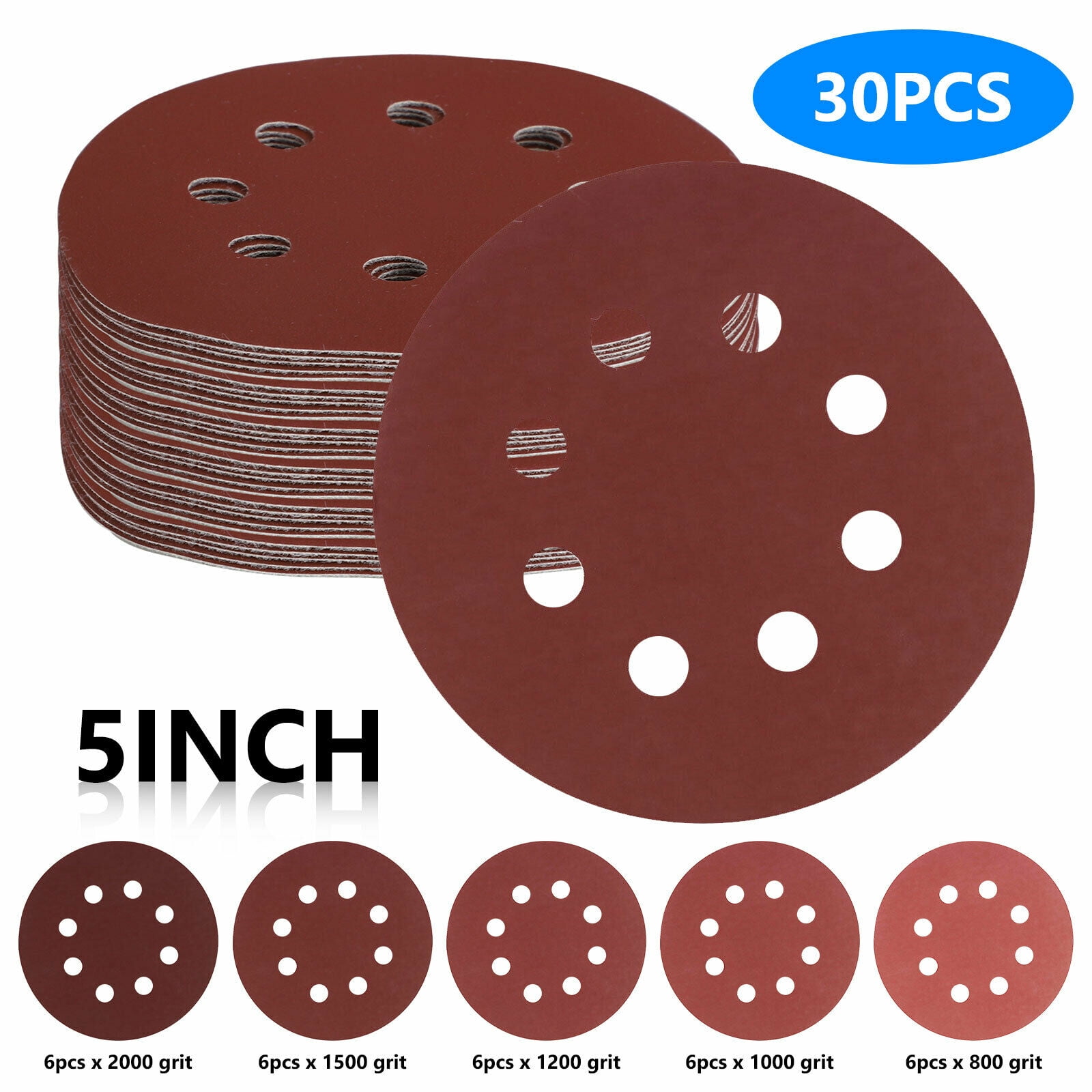30Pcs 8 Hole Hook Loop Sanding Discs Sandpaper 5In for Random Orbital Sander US 