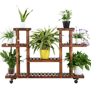 Yaheetech 4-Layer Rolling Wooden Flower Stand Flower Plant Display Stand Shelf Ladder Stand for Living Room Balcony Patio Yard Indoors & Outdoors
