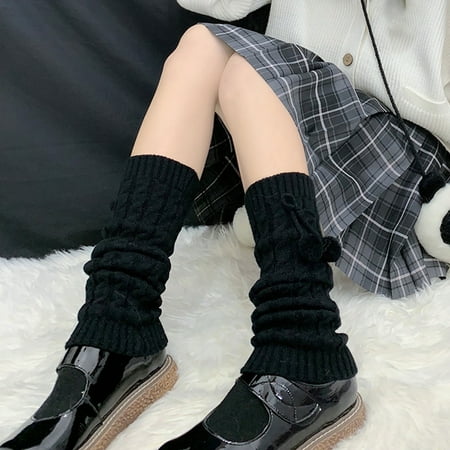 

purcolt Women s Japanese Style Kawaii Leg Warmers Knit Crochet Socks Long Leg Warmers Loose High Socks with Plush Ball