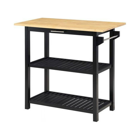 Pemberly Row 3-Tier Butcher Block Kitchen Prep Island with Drawer- Black Wood