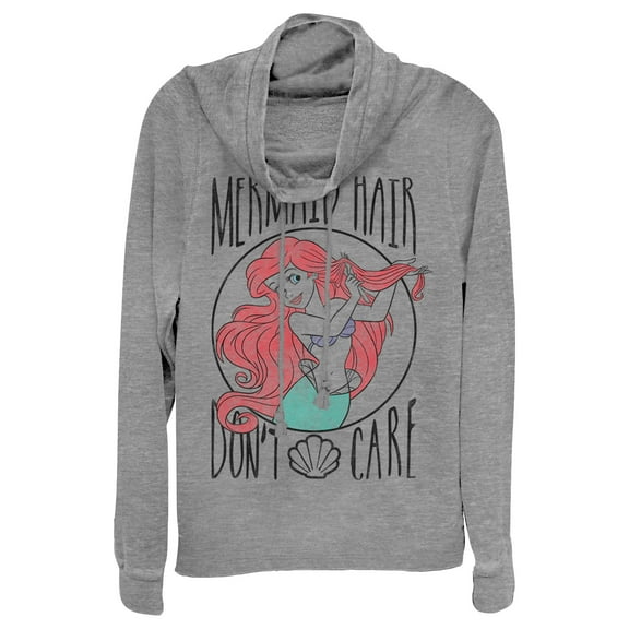Junior's The Little Mermaid Ariel Hair Don't Care Cowl Neck Sweatshirt Gray Heather 4X Large