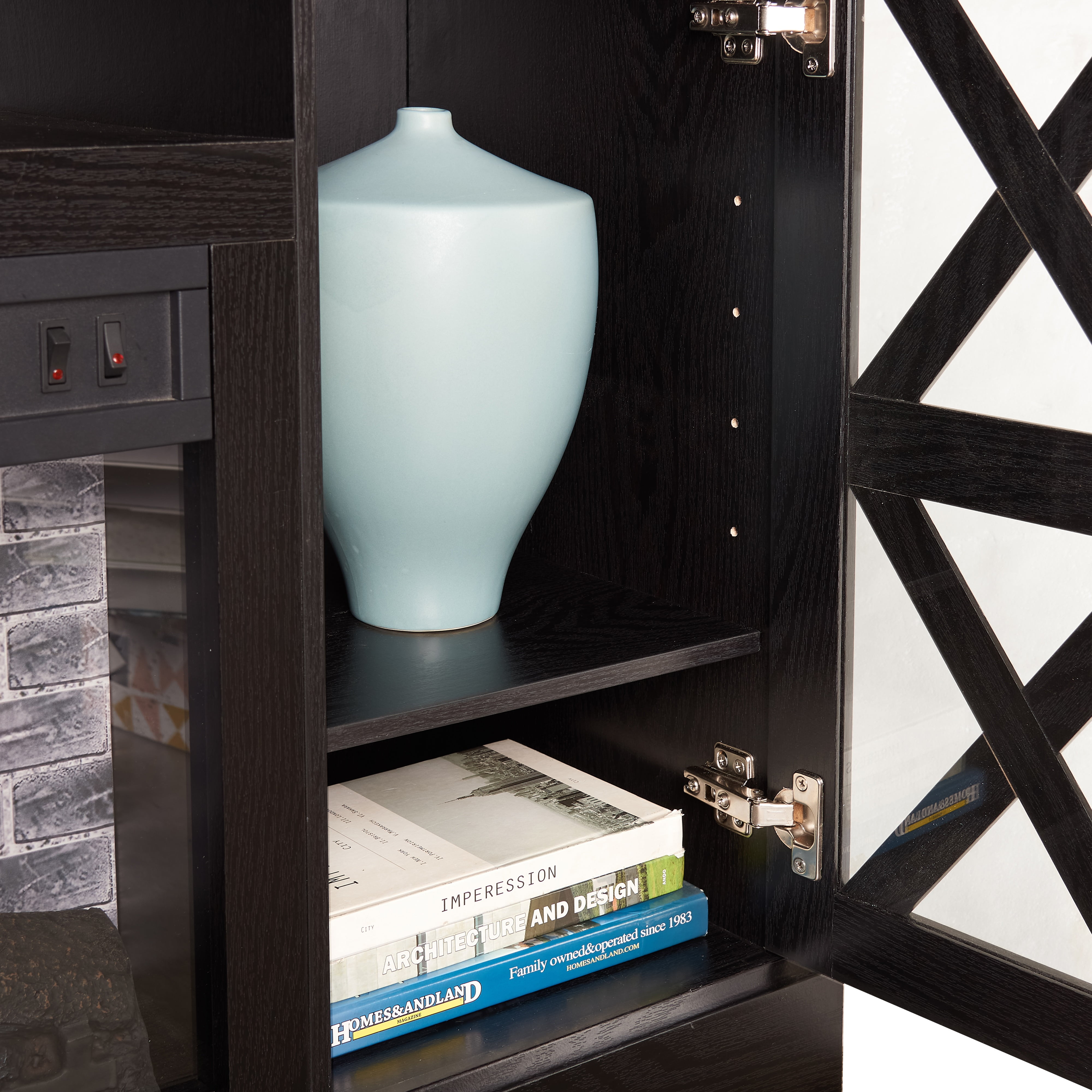 Mainstays Farmhouse Fireplace TV Stand for TVs up to 55", Black/Walnut Finish