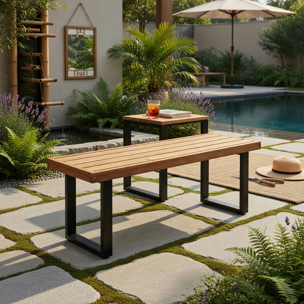 Hommoo Set of 2 Acacia Wood Outdoor Patio Benches, 48" Dining Bench with Heavy-Duty Metal Frame, Weather-Resistant Garden Seating, Natural & Black
