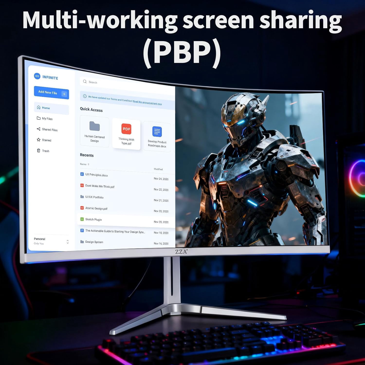 ZZA 34" Curved Gaming Monitor - 165Hz/180Hz WQHD (3440x1440P) UltraWide, FreeSync, 100% sRGB, HDMI 2.1 & DP 1.4, PBP Mode, Wall-Mountable - White