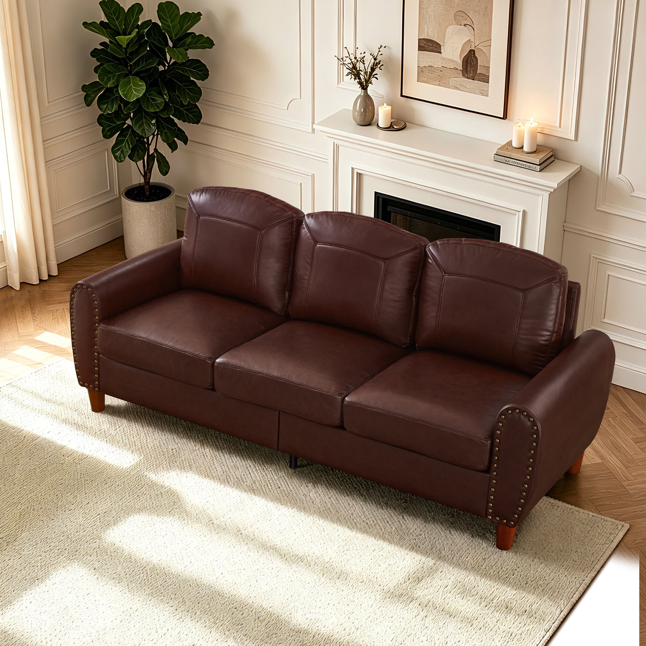 Mid-Century Modern Faux Leather 3-Seater Sofa,81.5"W Classic Rolled Arm Sofa Couch with Brass Nailhead Trim & Solid Wood Legs,Apartment,Living Room,Burgundy