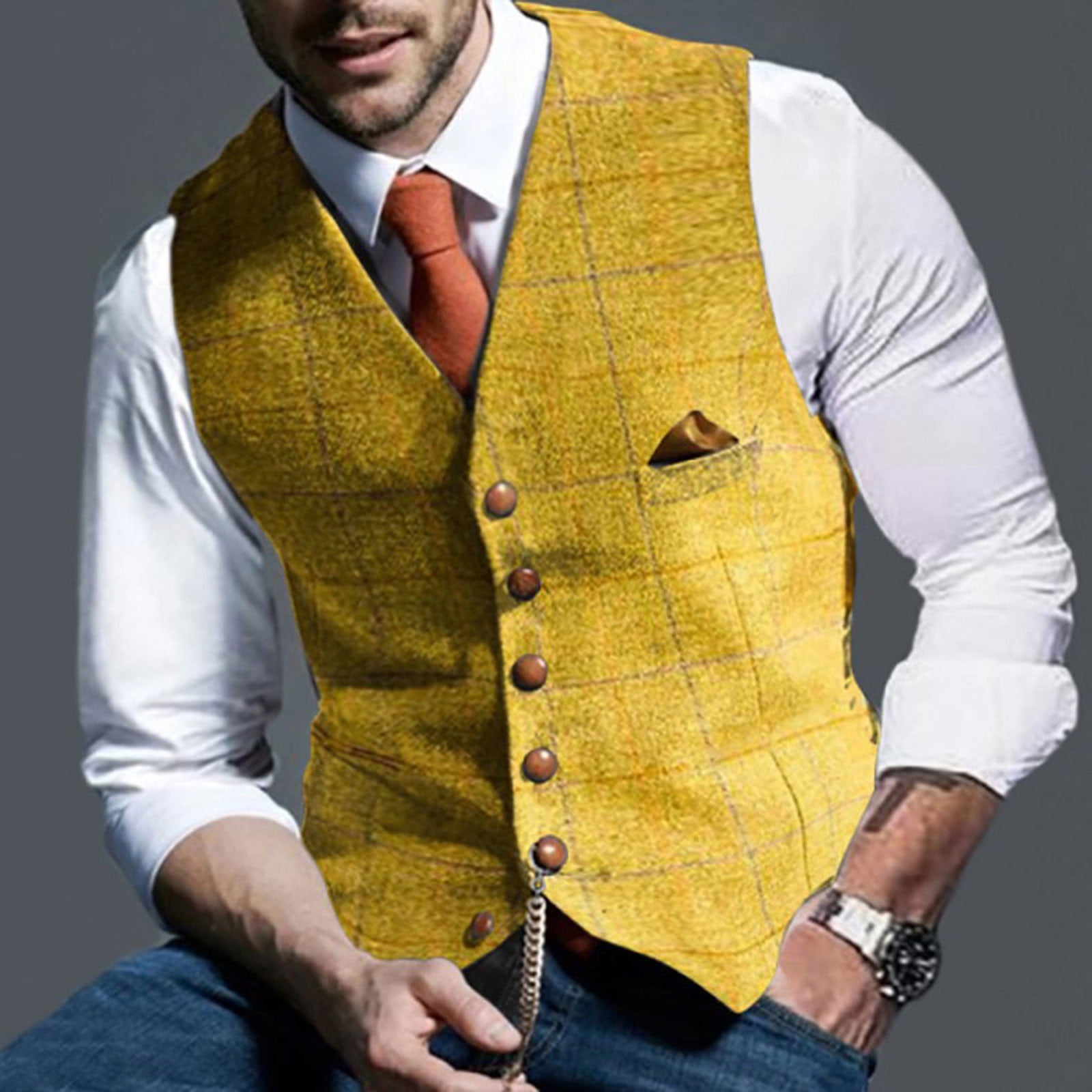 Mens Vest Men VNeck Suit Plaid Vest Lattice Singlebreasted Slim Fit 6 Button Vest Suit