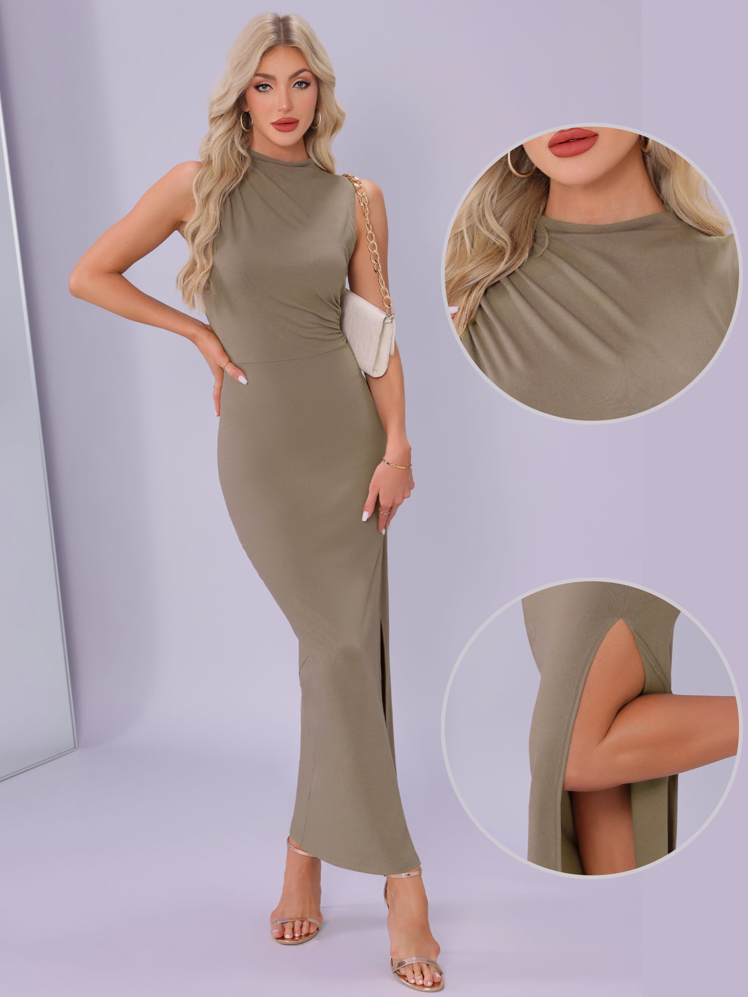 DARING DIVA Semi Formal Fall Mock Neck Slit Cocktail Maxi Dress M Khaki