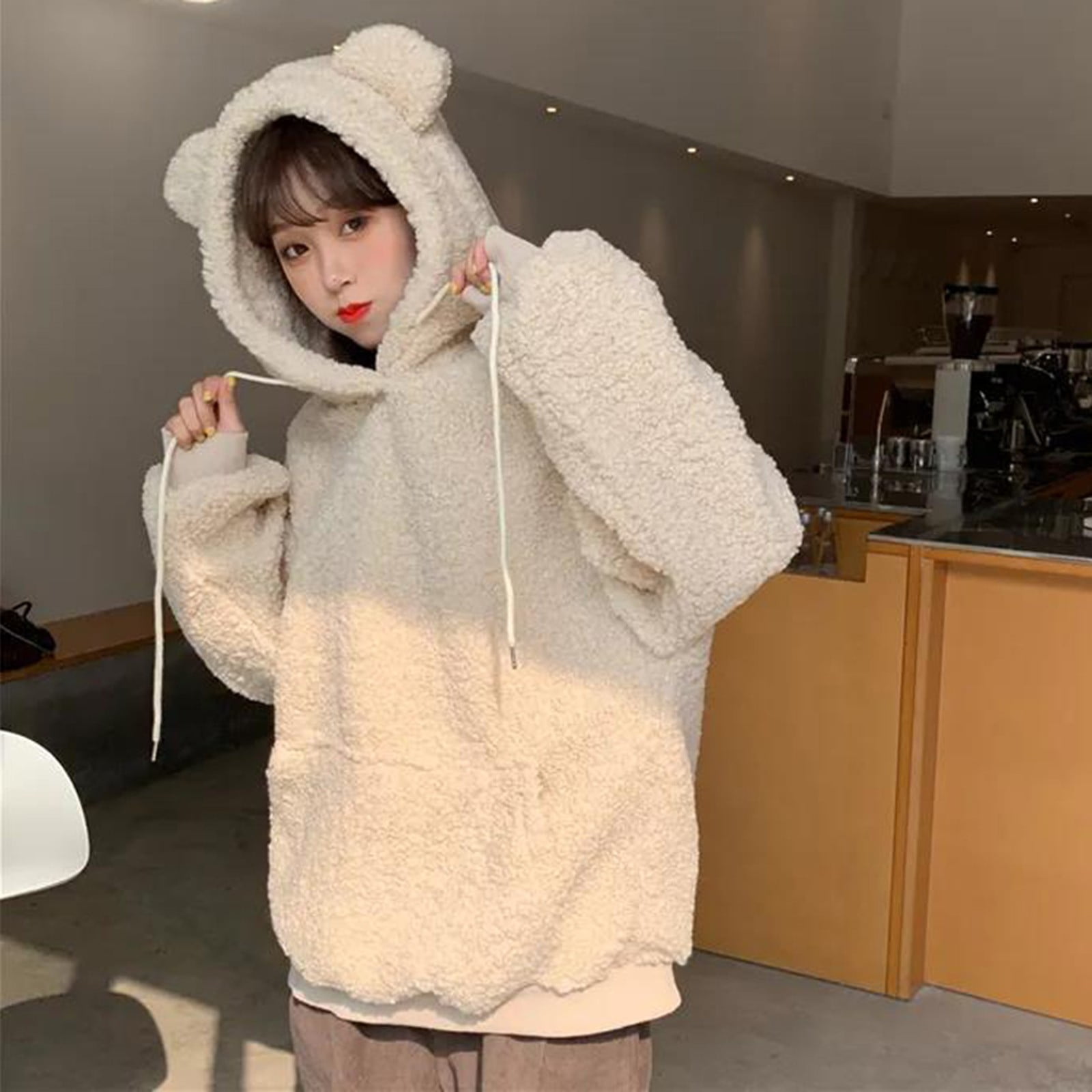 Winter Cute Fluffy Bear Ear Tail Hoodie Warm Plush Coat Coat Hooded Sweater 