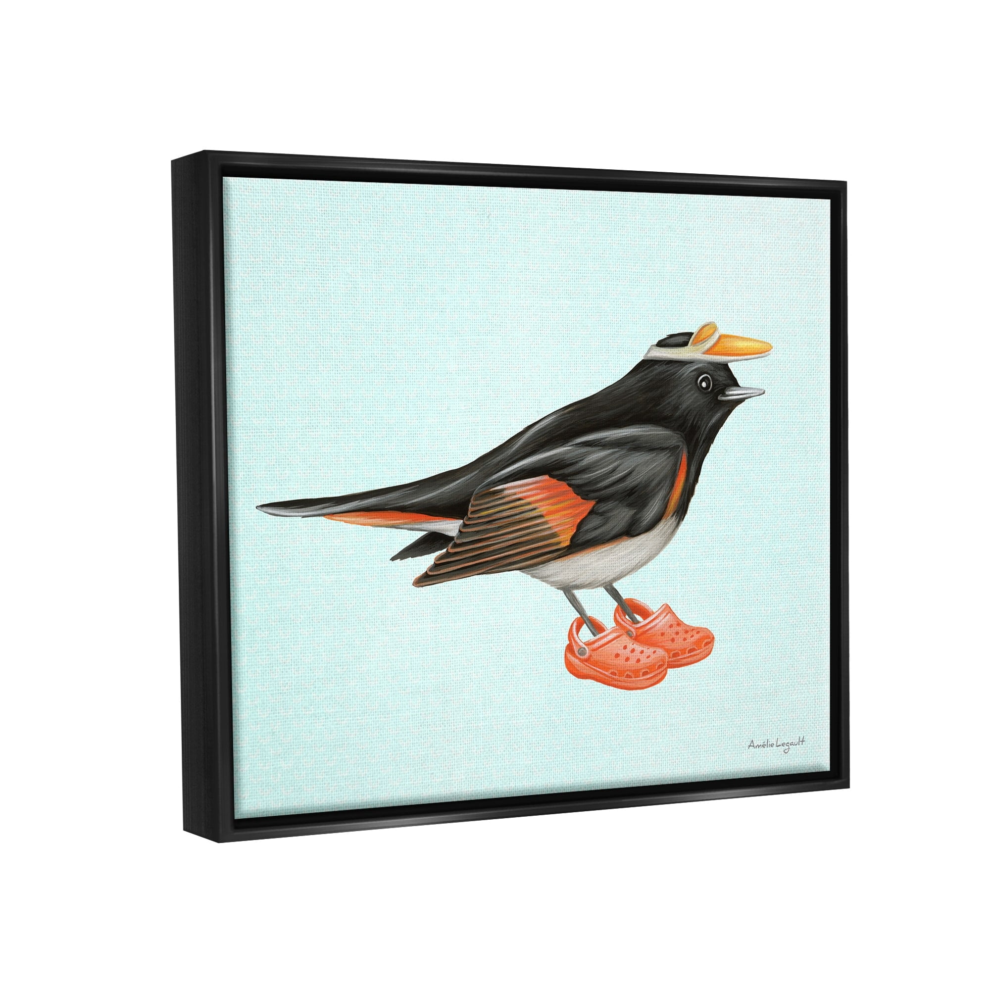 Stupell Industries Black Orange Bird Wearing Rubber Clogs Visor Graphic Art Jet Black Floating Framed Canvas Print Wall Art, Design by Amelie Legault