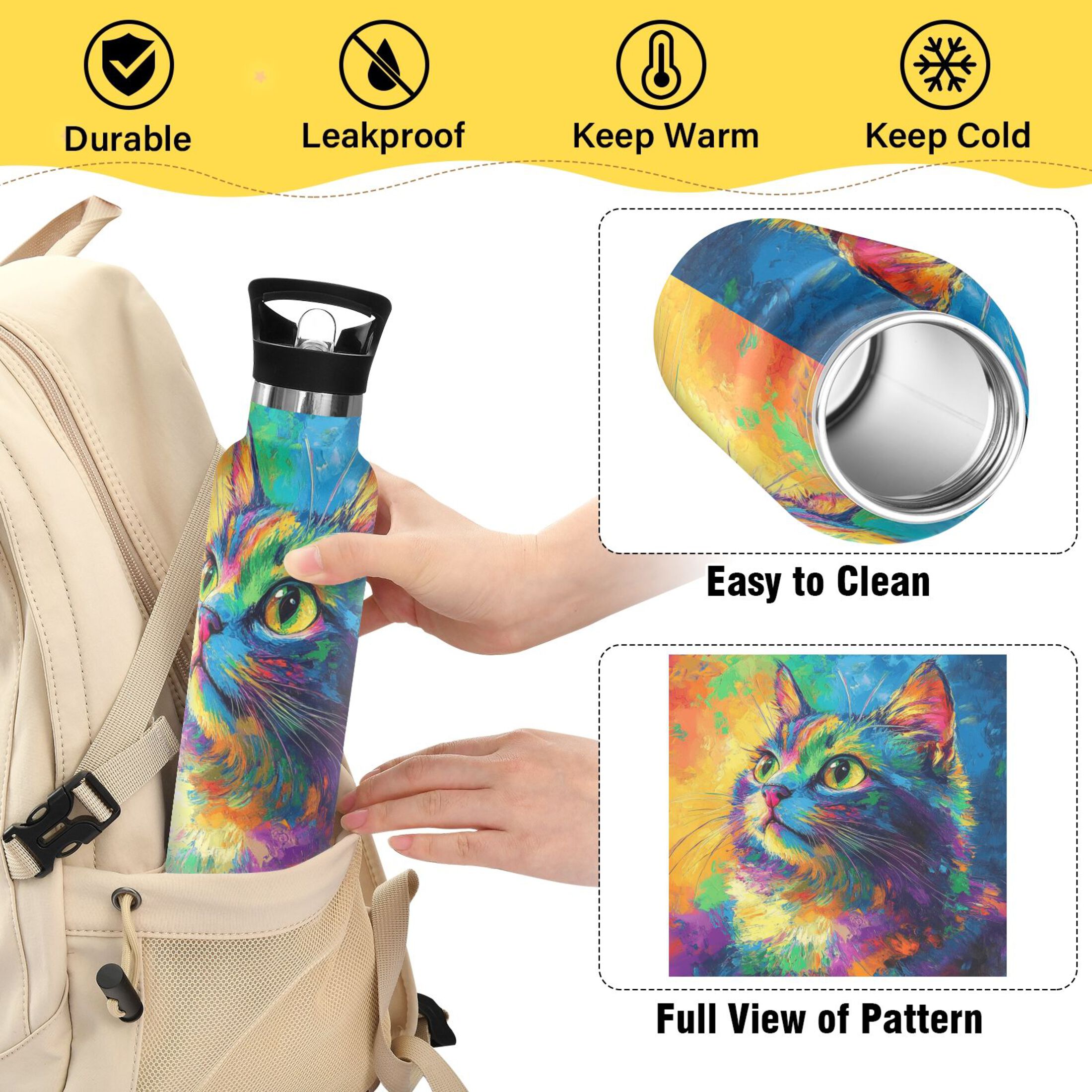 600ML Stainless Steel Insulated Cup Sports Water Bottle Portable Thermos Cup Water Glasses Insulated Tumblers Convenient and Durable Colorful Big-eyed Cat