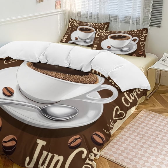 Brown Coffee Pattern Duvet Cover Set Bedding Set Polyester Quilt Cover for Bedroom Decoration