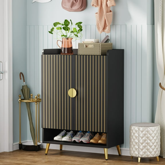 Tribesigns Shoe Cabinet with Doors, 7-Tier Shoe Storage Cabinet with Adjustable Shelves, Wooden Shoes Rack Shoe Storage Organizer for Entryway, Black