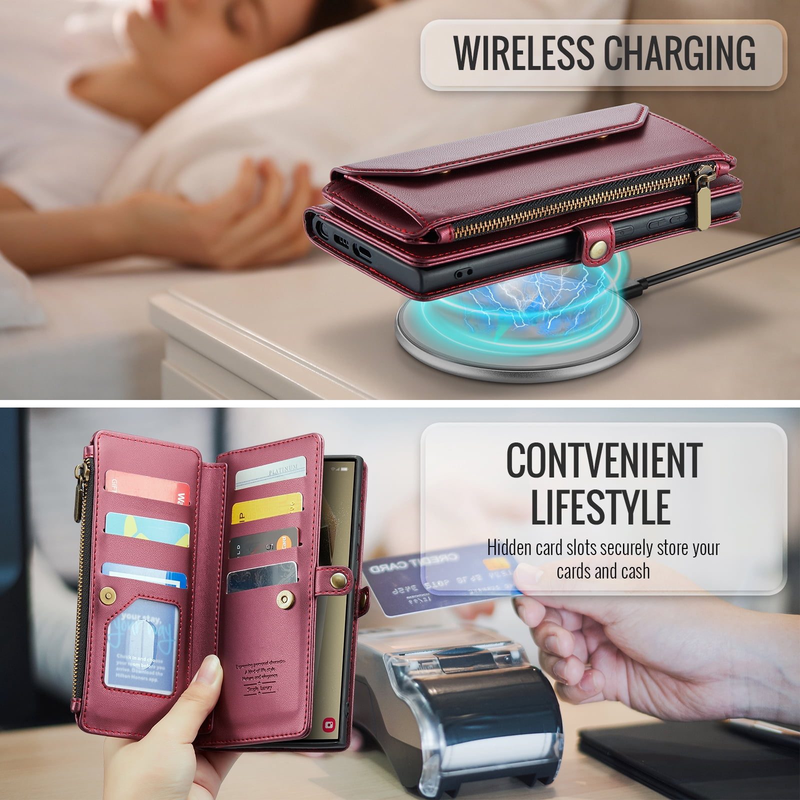 Compatible with Samsung Galaxy S24 Ultra 5G Zipper Wallet Phone Case Tempered Glass Screen Protector Crossbody Lanyard Strap Flip Card Holder Slot Cell Cover for S24Ultra 24S S 24 24U Women Wine Red