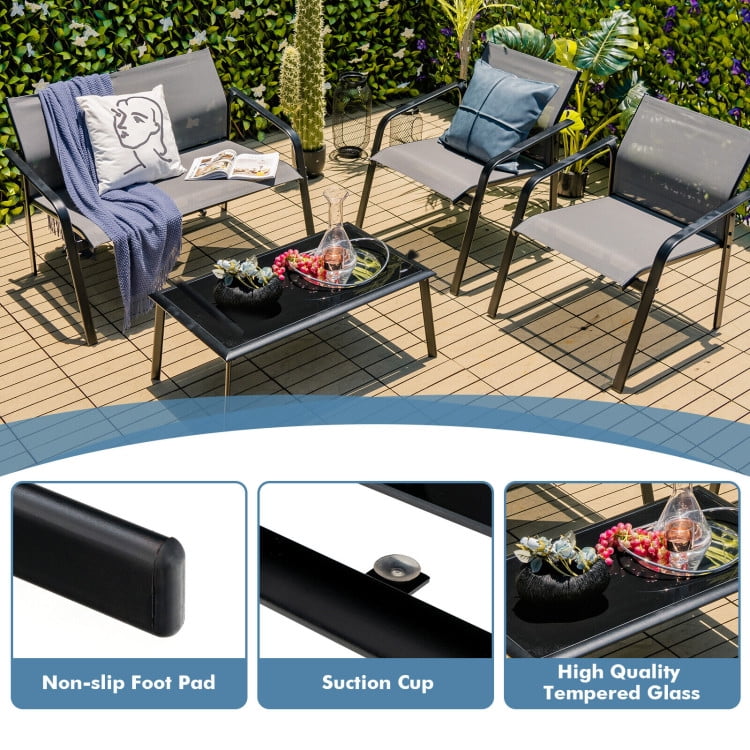 Aimee Lii 4 Pieces Patio Furniture Set with Glass Table Deck, Patio Conversation Sets for Backyard and Poolside, Gray Aimee Lii 4 Pieces Patio Furniture Set with Glass Table Deck, Patio Conversation Sets for Backyard and Poolside, Gray
