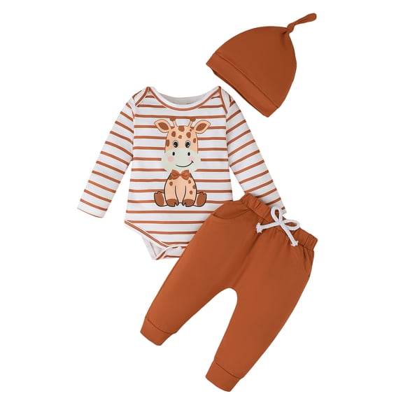 Kucnuzki Newborn Baby Boys Outfit Set 0-3 Months Kid Fall Winter Clothes Long Sleeves Stripped Print Giraffe Romper Top Drawstring Solid Color Pants Sets with Hat 3pcs Clothing Brown