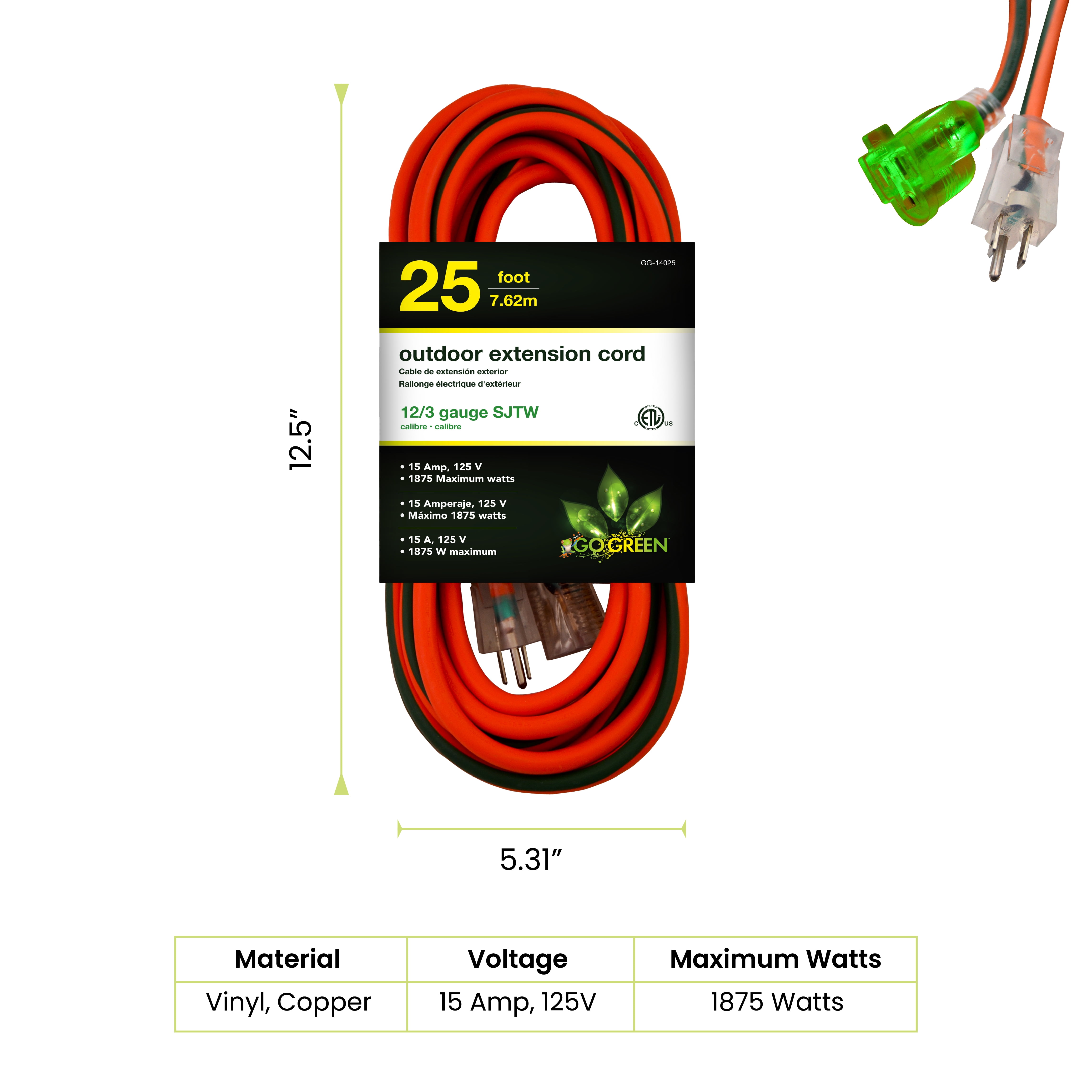 GoGreen Power 14025 12/3 25' Heavy-Duty Extension Cord, Lighted End