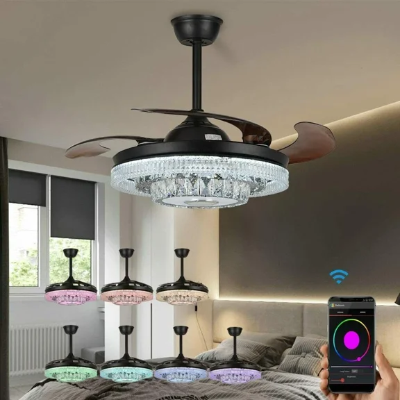 More Change 42” Retractable Ceiling Fan Bluetooth 7 Color Crystal Chandelier w/Music Player